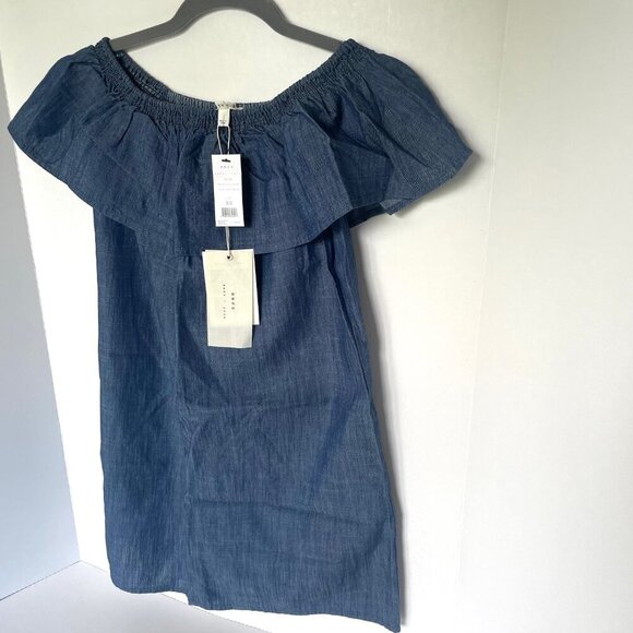 Joie Off the Shoulder Mini Dress XS Blue Chambray Cotton Lyocell Nilima Summer - Picture 4 of 9